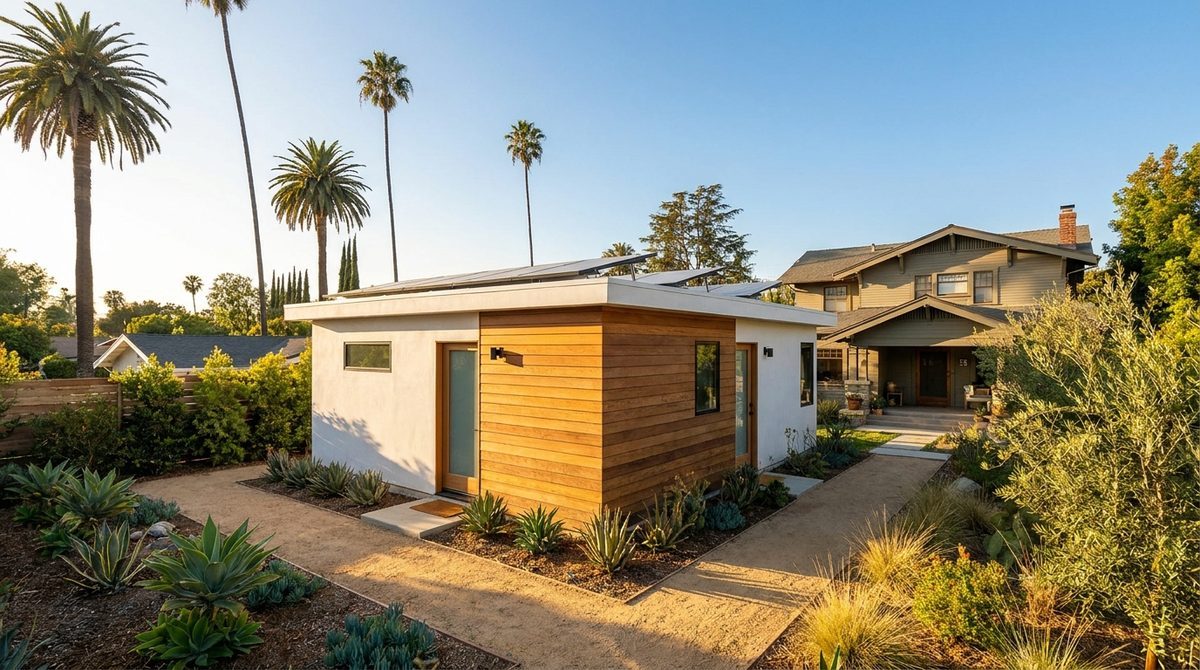 Detached ADU with solar panels in a Los Angeles backyard built by ADU Contractors Los Angeles