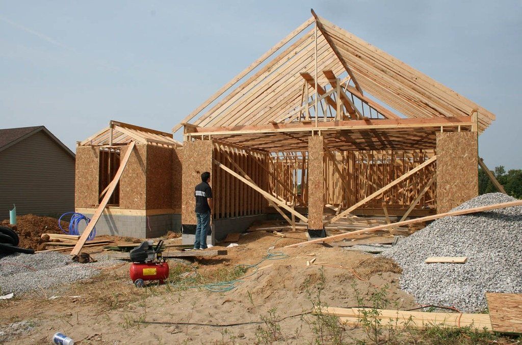 Wood roof framing on a house under construction
